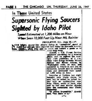 1947年6月26日のChicago Sun紙面。Supersonic Flying Saucers Sighted by Idaho Pilotという見出しがある。