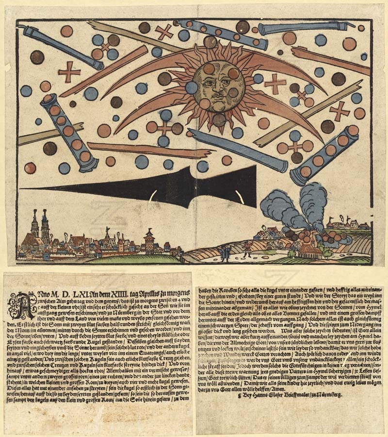 1561年4月14日のニュルンベルク上空の現象を描いたハンス・グレーザーの木版刷りニュース。